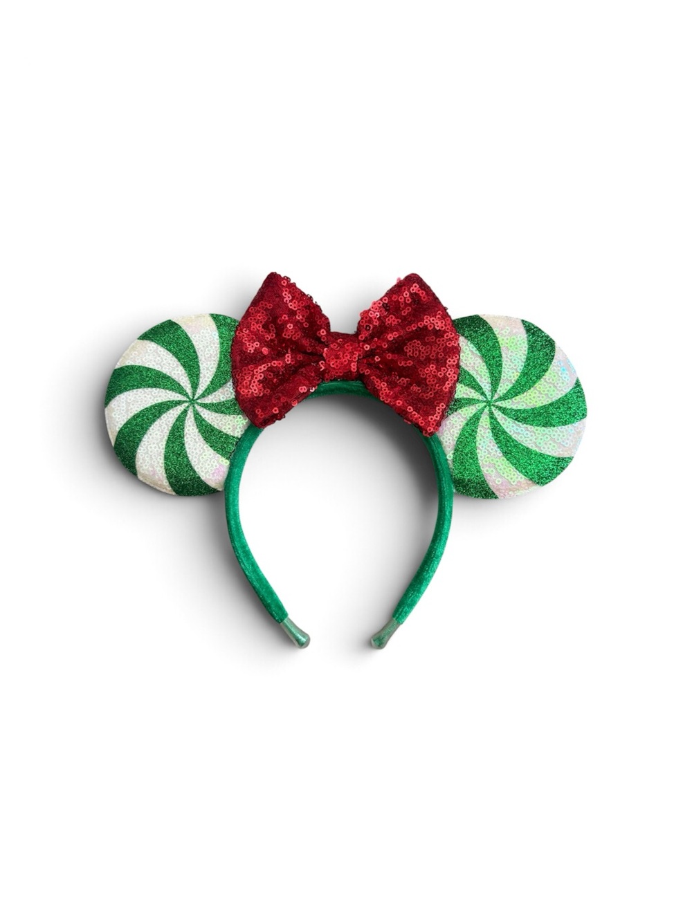 Holiday Peppermint Mouse Ear Headband with Red Sequin Bow